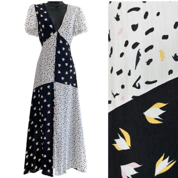 Rahi SZ S Black/White Confetti Patchwork Puff Sleeve Maxi Dress - Picture 4 of 10